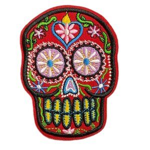 Red Pink Sugar Skull Iron on Patch Embroidered Heart Floral Dia de los Muertos